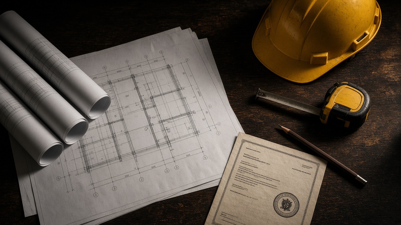 Blueprints, an approved permit document and a hard hat on a contractor's desk