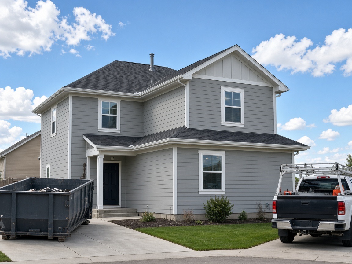Two-story home with new gray siding after hail restoration