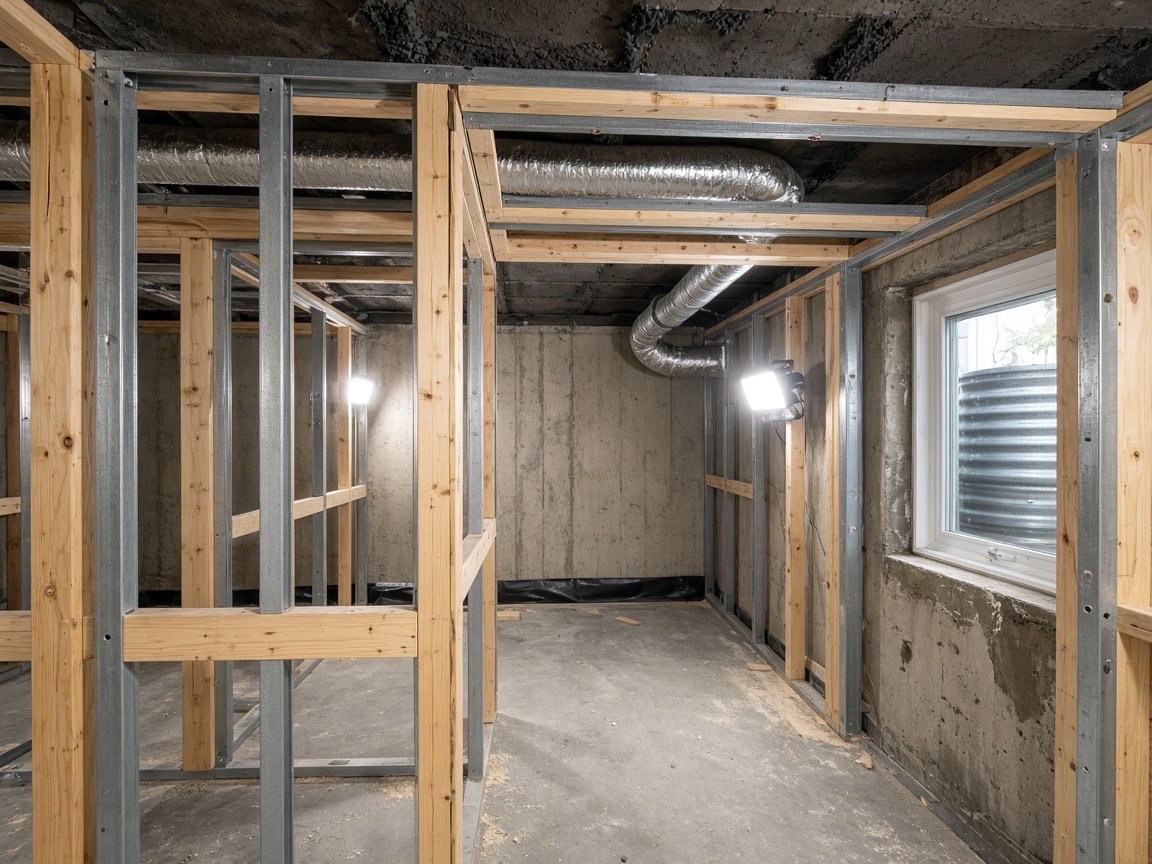 Basement framing in progress with egress window