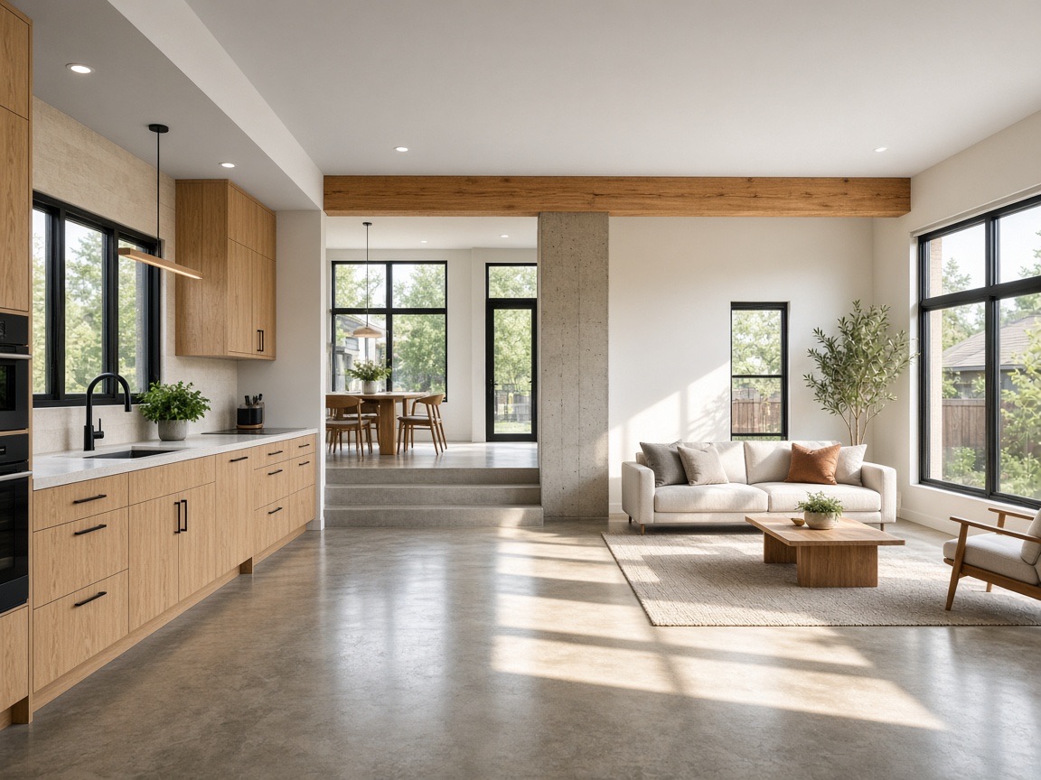 Open-concept interior with exposed wood beam