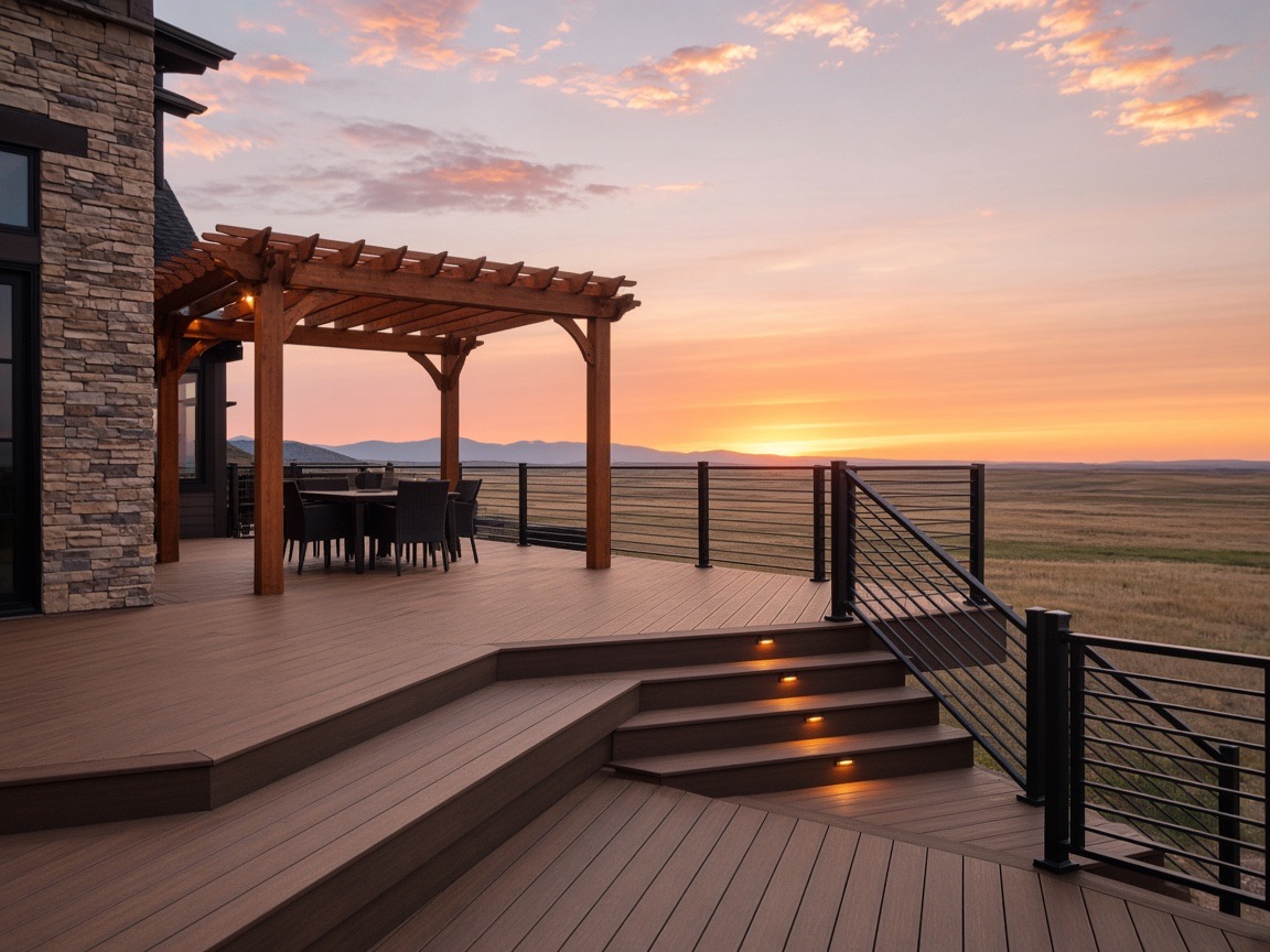 Multi-level composite deck with pergola at sunset