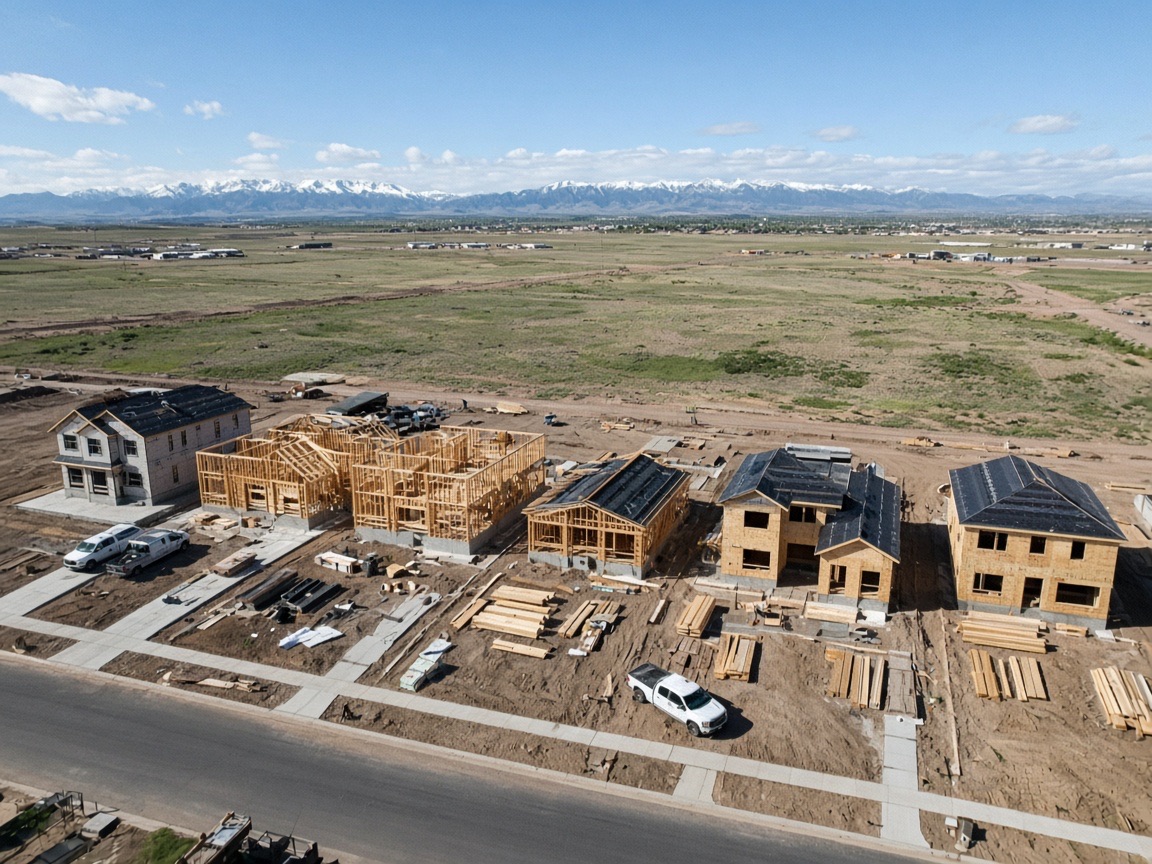 Aerial view of production homes at different framing stages